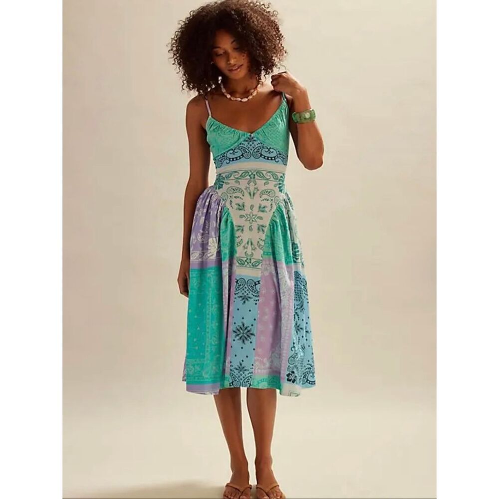 Free People Sz L Wish You Would Midi Dress Bandana Print Cotton Cami Blue Purple